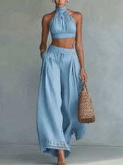 Blue Halter Crop Top And Wide-Leg Pants Set With Lace Hem