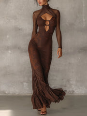Deep Chocolate Sheer Ruched Bodycon Dress