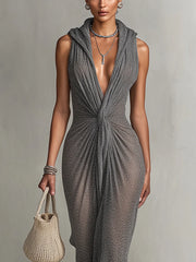 Gray Sheer Hooded Knit Maxi Dress
