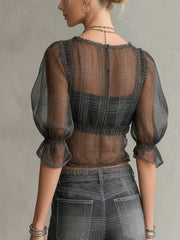 Sheer Black Plaid Puff Sleeve Tie-Front Blouse