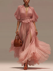 Pink Deep V-Neck Short Sleeve Ruched Chiffon Maxi Dress