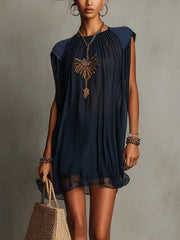 Navy Pleated Sheer Shoulder Eadwork Mini Dress