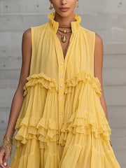 Yellow Sleeveless Ruffled Pleated Tiered Chiffon Mini Dress