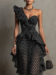 Black Polka Dot One-Shoulder Ruffled Asymmetric Midi Dress