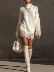 24-Hour-Shipping White Turtleneck Knit Mini Dress With Lace Trim
