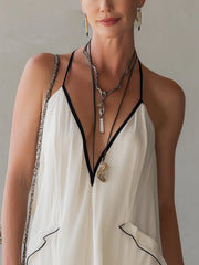 White Contrast Trim Deep V-Neck Spaghetti Strap Mini Dress