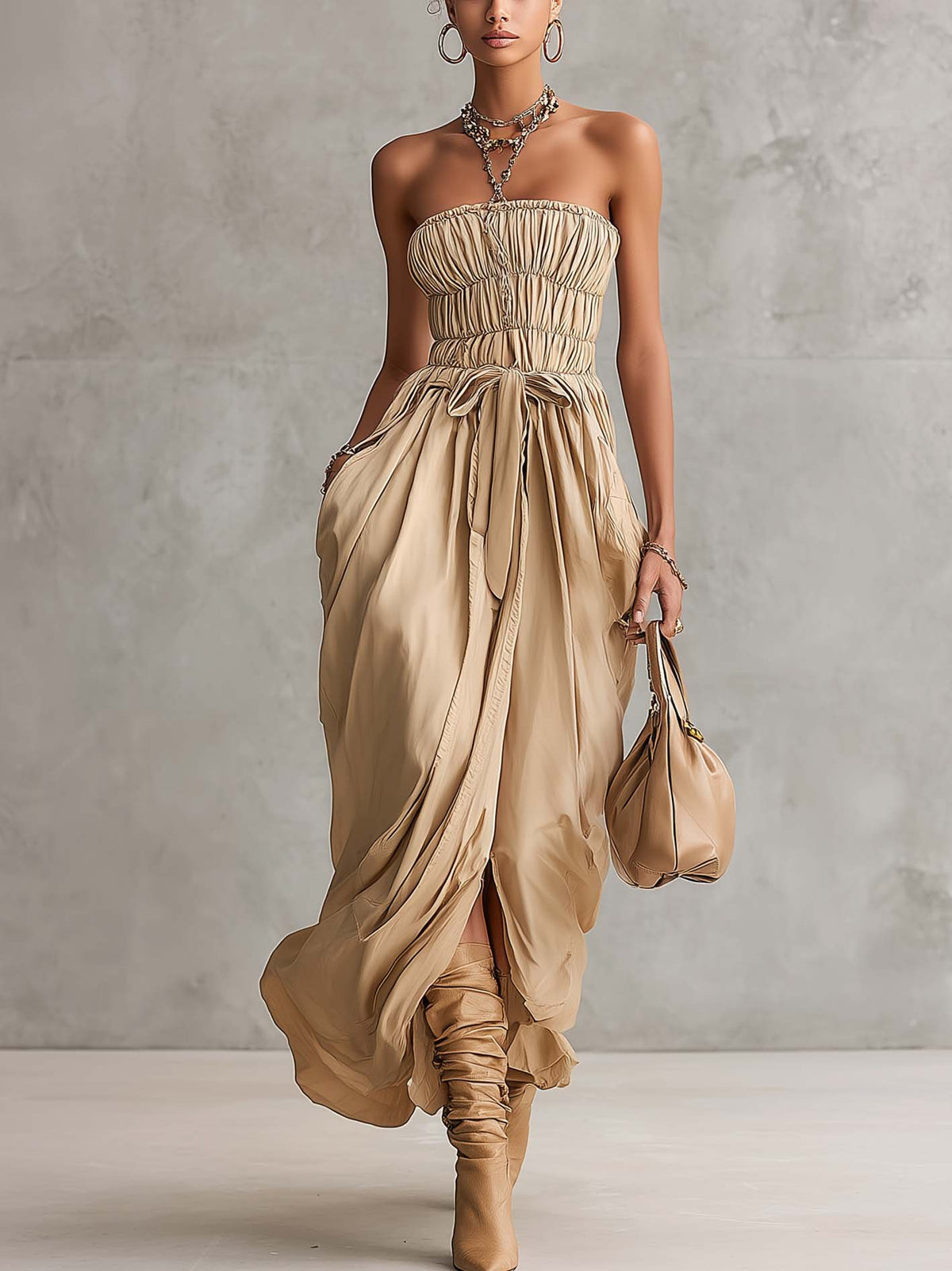 Khaki Off Shoulder Cotton Linen Maxi Dress With Front Slit