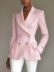 24-Hour-Shipping Pink Blazer With Silver Trim And Double-breasted Buttons