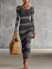 Gray And White Knit Bodycon Dress With Leopard Stripe Detailing