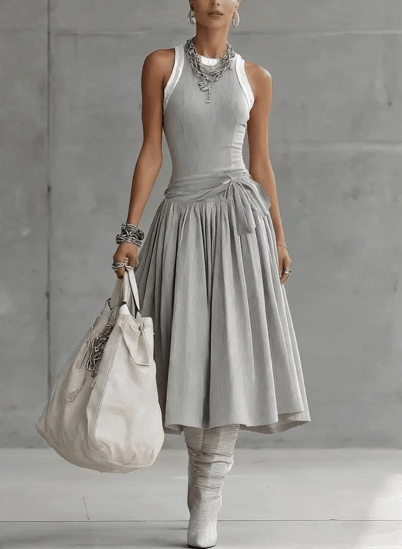 Gray Ribbed Tank Bodice Draped Midi Dress