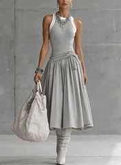 Gray Ribbed Tank Bodice Draped Midi Dress
