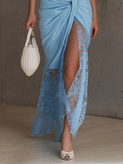 Blue Elastic Ruched Lace Bodycon Dress