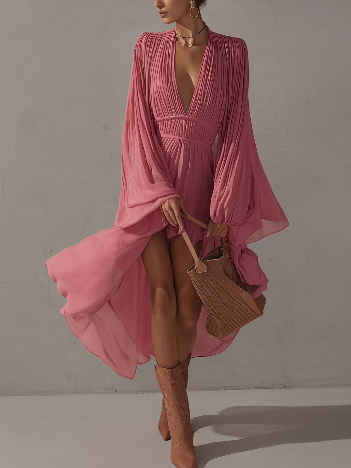 Rose Pink Chiffon Asymmetrical Hem Midi Dress With Flowing Batwing Sleeves
