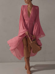 Rose Pink Chiffon Asymmetrical Hem Midi Dress With Flowing Batwing Sleeves