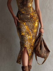 Yellow Leopard Print Bodycon Dress With Brown Lace Sleeves