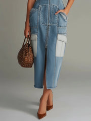 Blue Denim Frayed Sleeveless Zip Up Bodycon Dress
