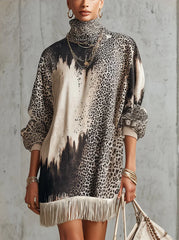 Gray Leopard Print Turtleneck Fringe Hem Faux Suede  Dress
