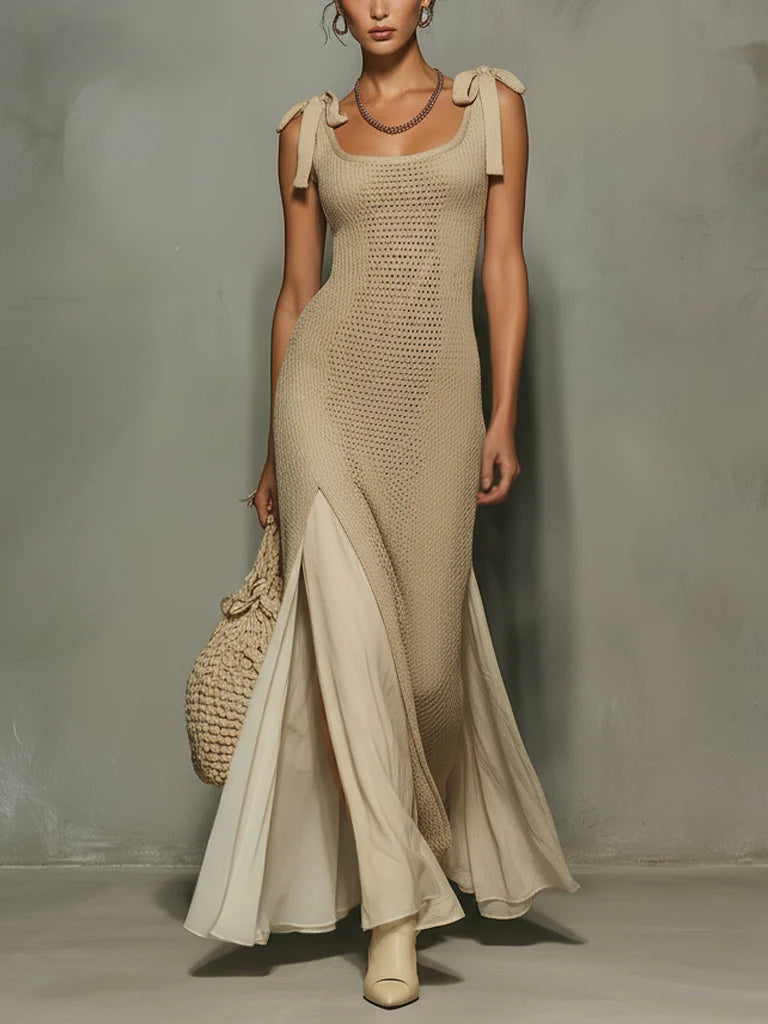 Beige Bow Tie Knit Chiffon Maxi Dress