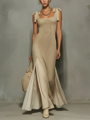 Beige Bow Tie Knit Chiffon Maxi Dress