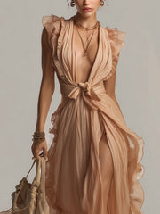 Pink Sleeveless Pleated Chiffon Maxi Dress