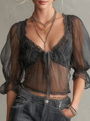 Sheer Black Plaid Puff Sleeve Tie-Front Blouse