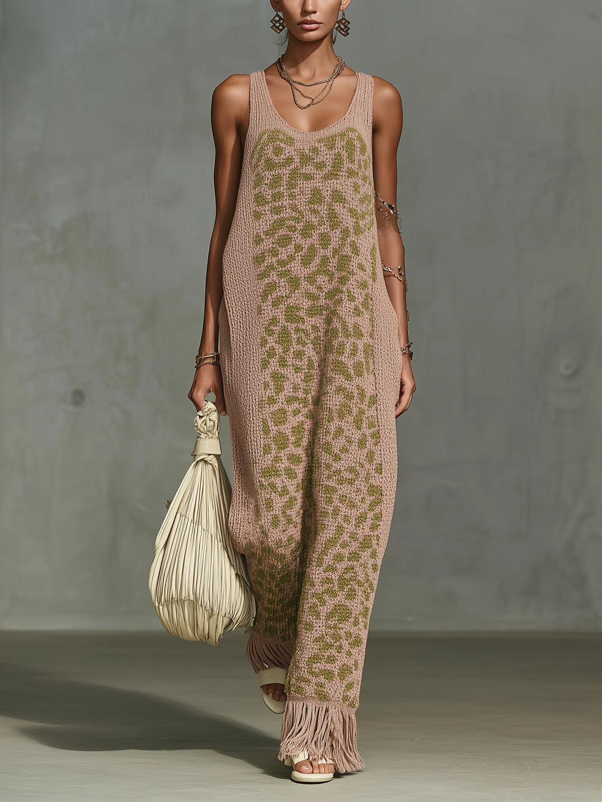 Pink Polka Dot Loose Fit Tassel Knit Maxi Dress
