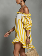 Yellow Striped Off-Shoulder Puff Sleeve Ruffle Hem Mini Dress