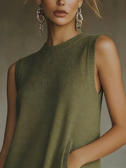 Olive Green Sleeveless Knit Mini Dress With Fringe Hem