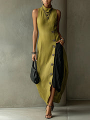 Olive Asymmetrical Button-Front Sleeveless Midi Dress With Pleated Panel