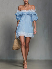 Blue Striped Off-Shoulder Ruffle Lace Trim Mini Dress