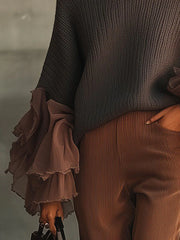 Gray Ruffle Sleeve Turtleneck Sweater