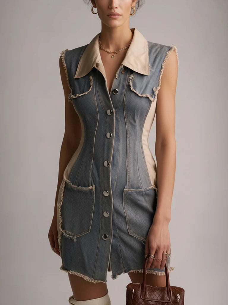 Gray Cotton Washed Denim Frayed Mini Dress