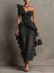 Black Polka Dot One-Shoulder Ruffled Asymmetric Midi Dress