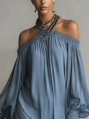 Blue Off-Shoulder Lace Trim Long Sleeve Mini Dress