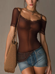Cocoa Sheer Lace Knit Short Sleeve Top