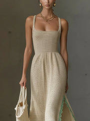 Beige Lightweight Knit Lace Trim Maxi Dress