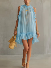 Light Blue Sleeveless Ruffled Pleated Chiffon Mini Dress