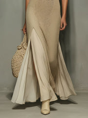 Beige Bow Tie Knit Chiffon Maxi Dress