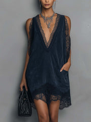 Navy Faux Suede Lace Trim Mini Dress