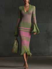 24-Hour-Shipping Olive Pink Ombre Knit Midi Dress