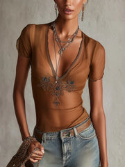 Brown Embroidered Deep V-Neck T-shirt