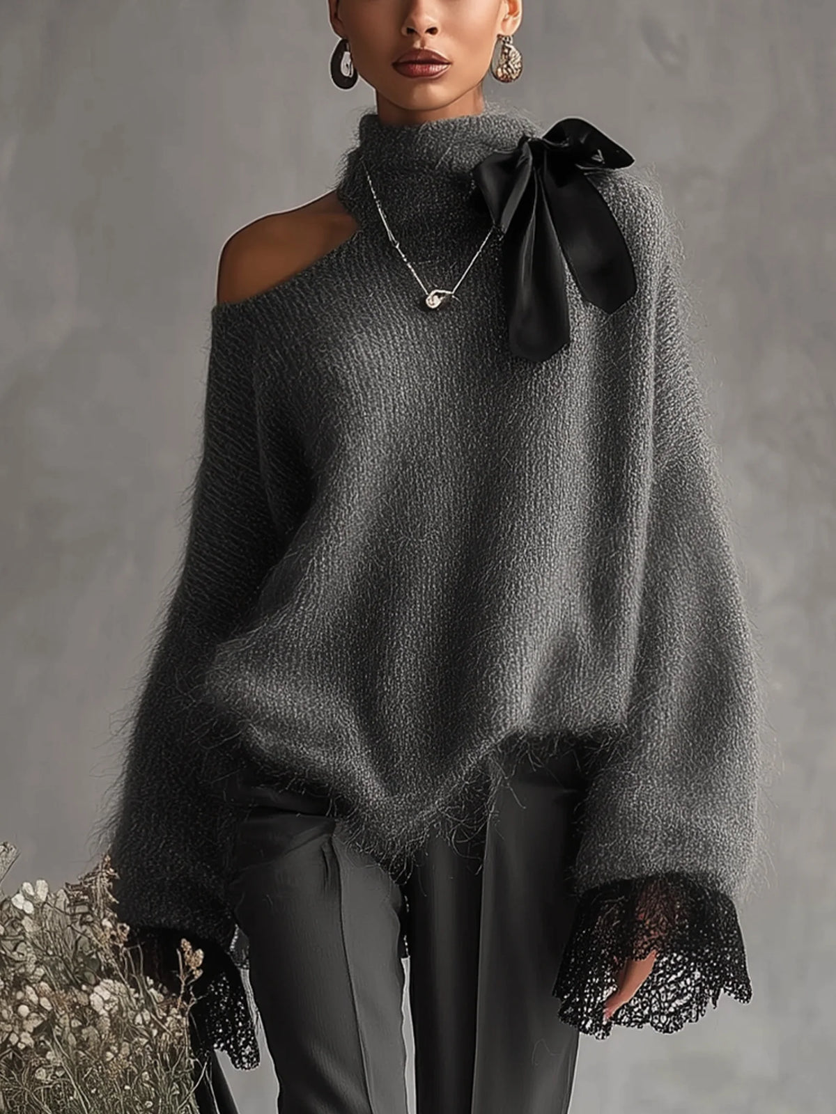 24-Hour-Shipping Gray Mohair Knit Sweater With Lace Cuffs