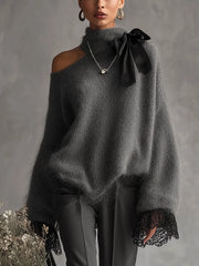 24-Hour-Shipping Gray Mohair Knit Sweater With Lace Cuffs