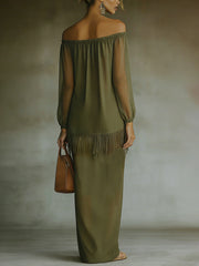 Olive Off-Shoulder Fringe Detail Maxi Two-Piece Set