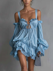 Sky Blue Ruffled Lace Mini Dress