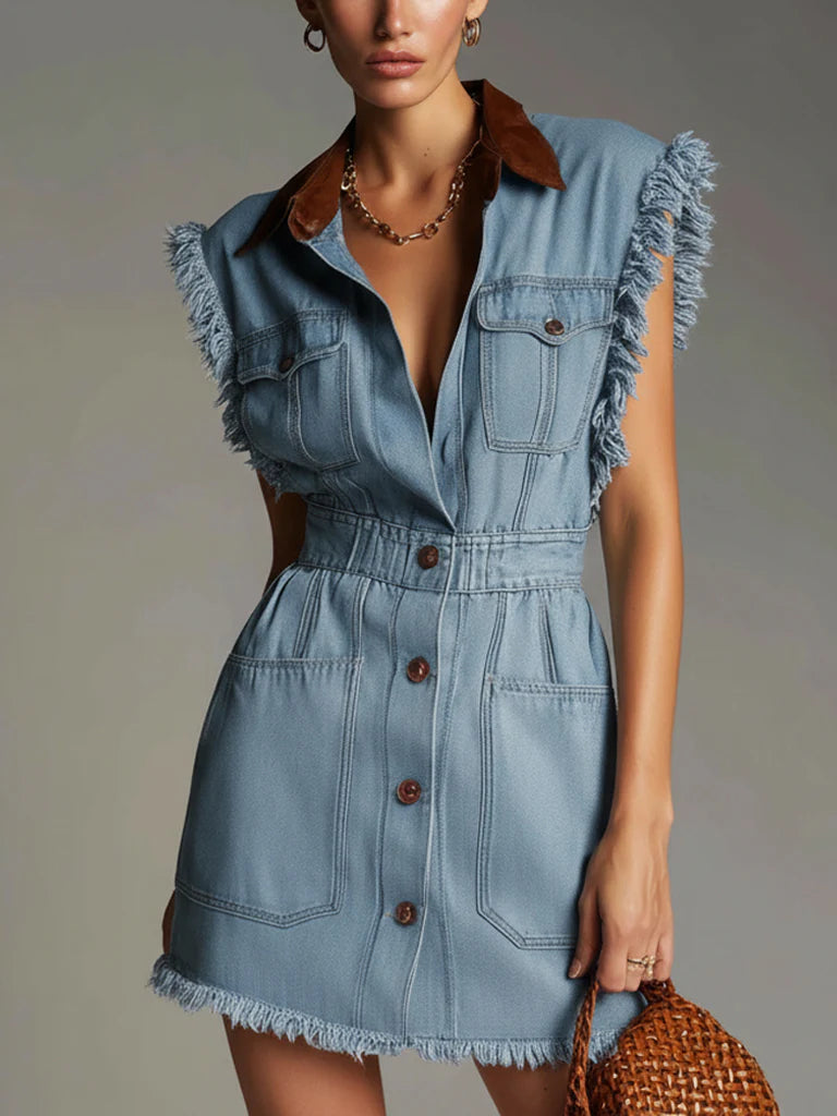 Blue Cotton Washed Denim Frayed Mini Dress