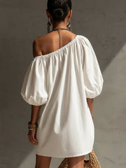 White Off-Shoulder Puff Sleeve Button Mini Dress