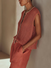 Red Open-Knit Button-Front Top & High-Waist Shorts Set