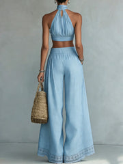 Blue Halter Crop Top And Wide-Leg Pants Set With Lace Hem