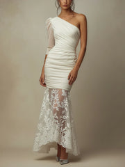White Chiffon Asymmetric Lace Fishtail Bodycon Dress